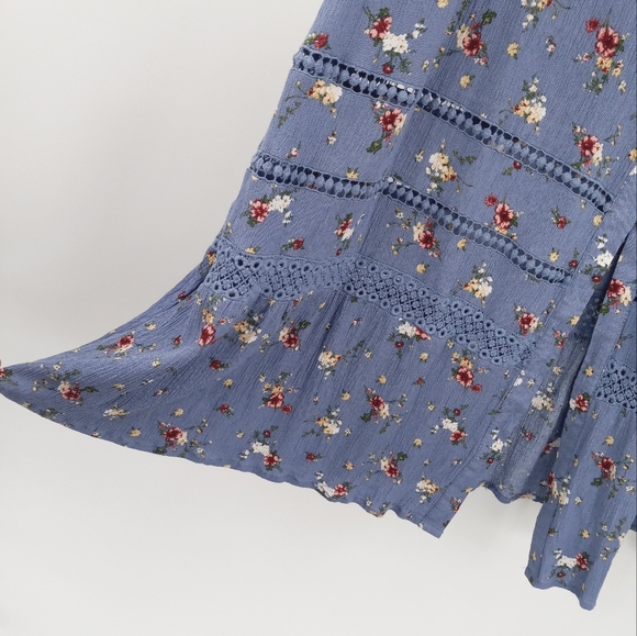 VINTAGE Cottagecore Lace Panel Detail Floral Creped Button Down Maxi Skirt S - Picture 2 of 10